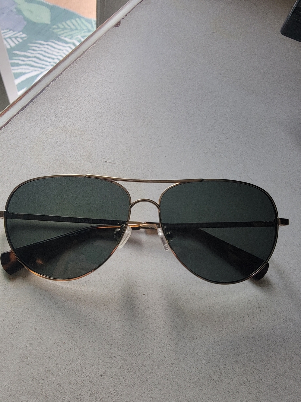 Cole Hann Polarized Classic Aviator Sunglasses in Gold with Dark Green Lenses
